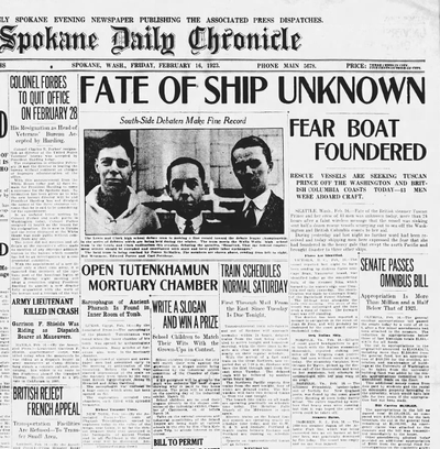 The British steamer Tuscan Prince was missing, more than 24 hours after the crew sent a faint wireless message that said, “Ship breaking up, we are going to drown,” the Spokane Daily Chronicle reported on Feb. 16, 1923.  (Spokesman-Review archives)