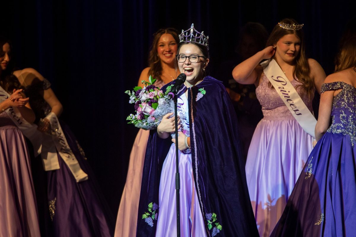 Newly crowned Lilac Festival Queen Josephine Ortega of Medical Lake High School stands at the microphone and thanks her parents on the stage at the Bing Crosby Theater on Saturday in Spokane at the annual coronation event of the Lilac Festival. (Jesse Tinsley/The Spokesman-Review)