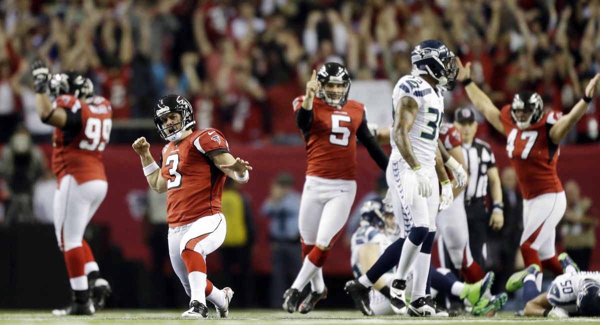 Falcons kicker Matt Bryant (3) reacts to his game-winning field goal with 8 seconds left in NFC divisional round playoff win over the Seahawks on Sunday. (Associated Press)