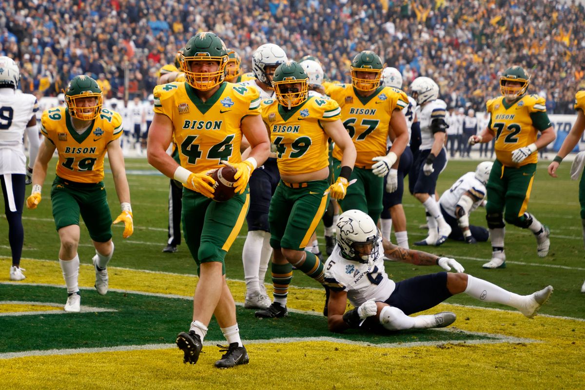 North Dakota State fullback Hunter Luepke (44) celebrates his touchdown against Montana State during the first half of the FCS Championship NCAA college football game in Frisco, Texas, Saturday, Jan. 8, 2022.  (Michael Ainsworth)