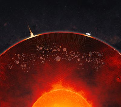 An illustration shows a cutaway view of Mars’ interior as a meteor strikes one side of the planet’s surface, left, creating seismic waves detected by the space agency’s InSight lander.  (NASA/JPL-CALTECH)