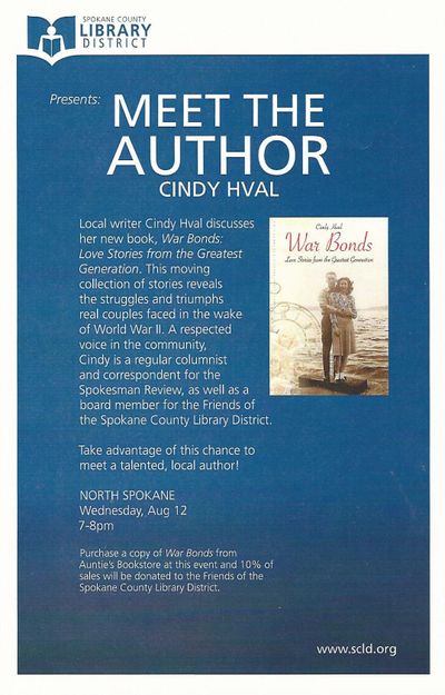 Here's a flyer from the North Spokane Library alerting patrons to a chance to meet Cindy Hval, author of 