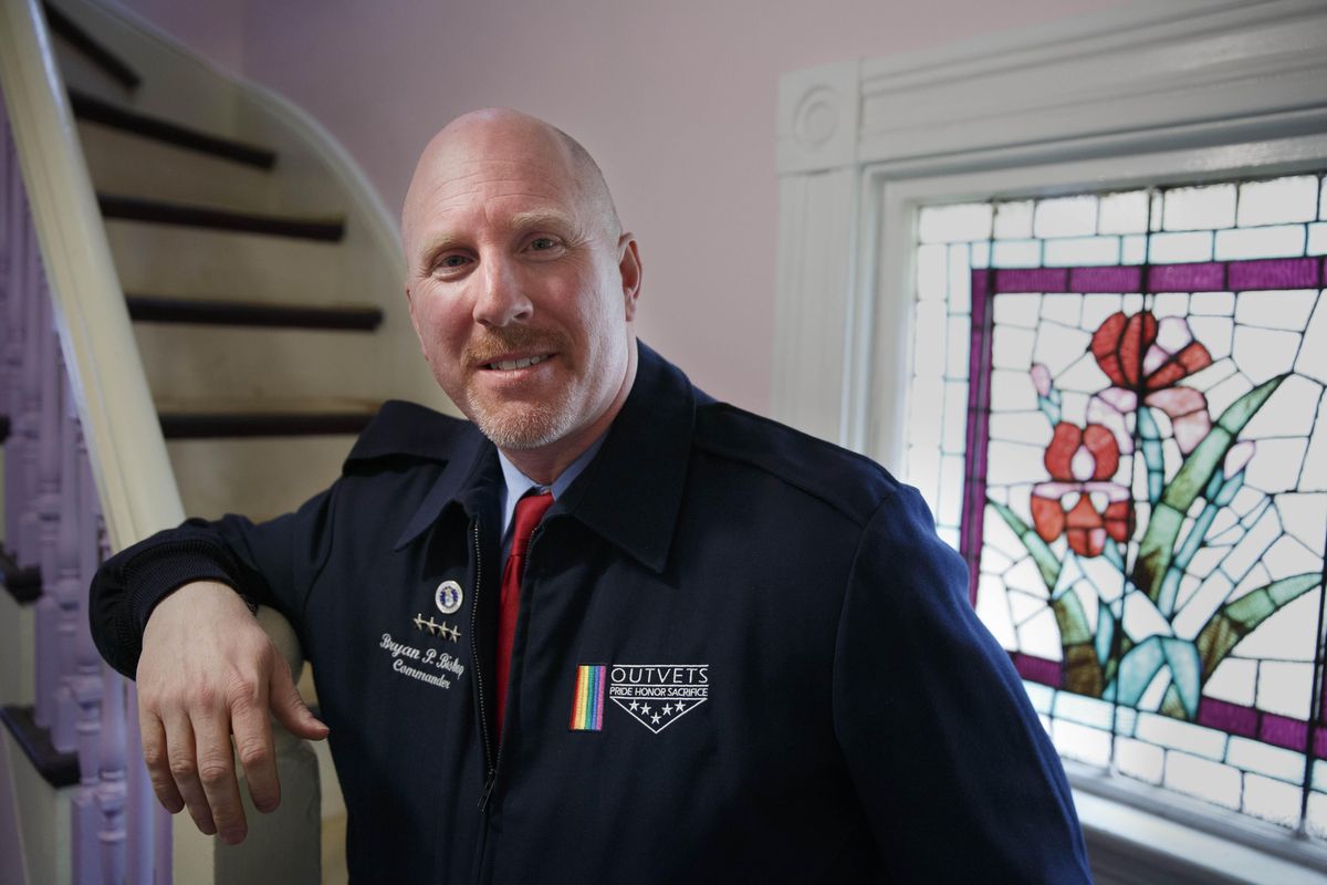 OutVets founder Bryan Bishop poses in his house in Boston, Friday, March 10, 2017. (Michael Dwyer / Associated Press)