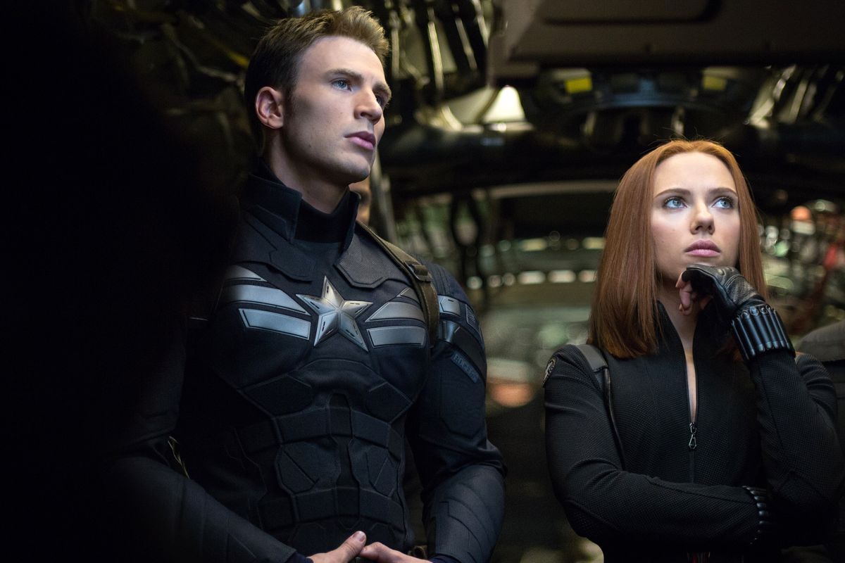 Chris Evans and Scarlett Johansson team up in “Captain America: The Winter Soldier.”
