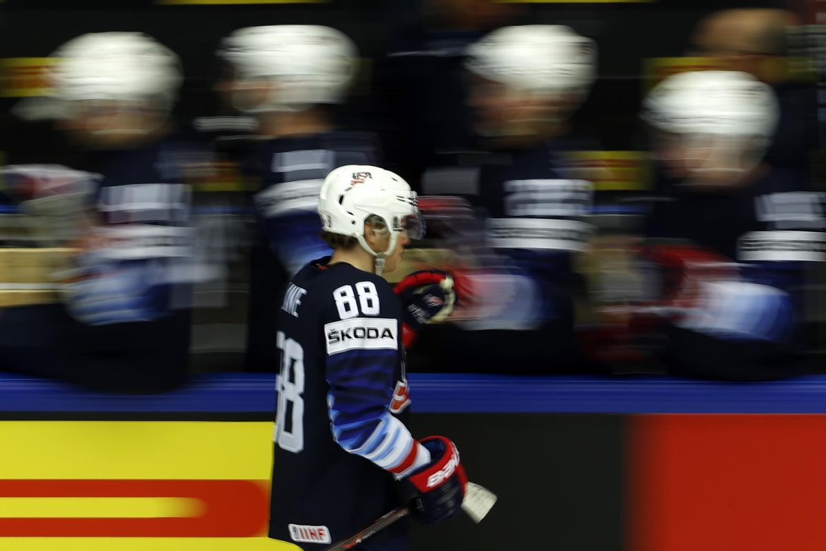 Patrick Kane, center, of the United States celebrates with teammates after scoring a goal during the Ice Hockey World Championships group B match between united States and South Korea at the Jyske Bank Boxen arena in Herning, Denmark, Friday, May 11, 2018. (Petr David Josek / Associated Press)