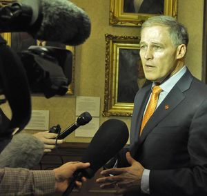 OLYMPIA – Gov. Jay Inslee replies to a tweet from President Donald Trump at a hastily called press conference after a court ruling in favor of the state’s request to halt the travel ban. After Trump tweeted “we’ll see you in court” Inslee countered: “Mr. President, we just saw you in court and we beat you.” (Jim Camden / The Spokesman-Review)