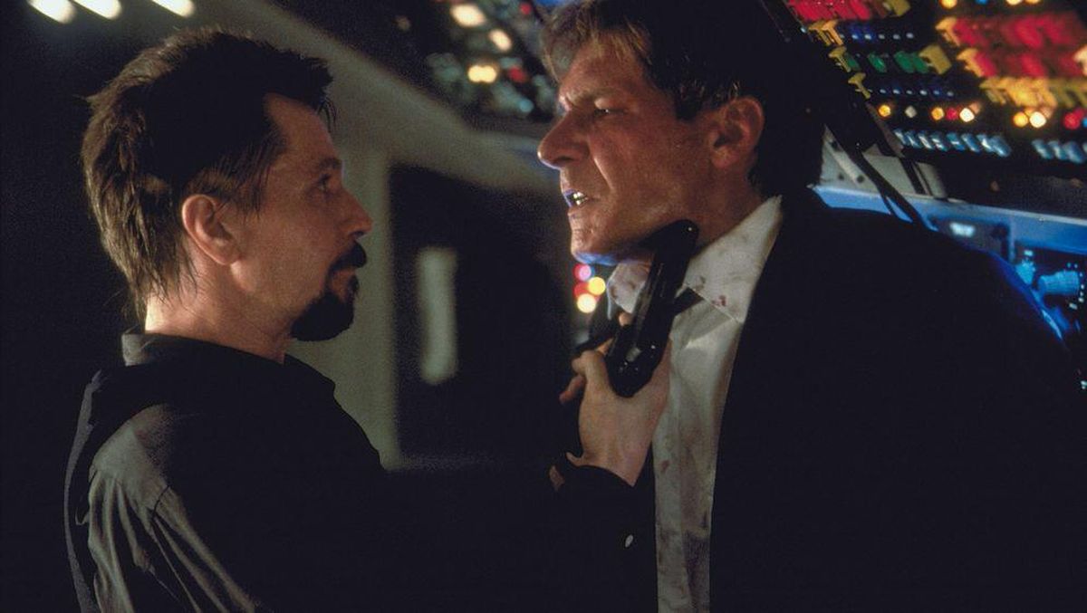 Get off my plane! Gary Oldman is Ivan Korshunov and Harrison Ford is President James Marshall in director Wolfgang Petersen’s “Air Force One” (1997). In the film, communist radicals hijack Air Force One with the president and his family on board. (Sony Pictures)