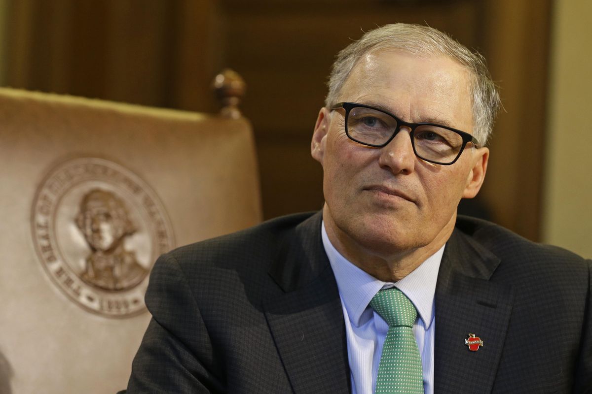 FILE – In this April 19, 2017, file photo, Washington state Gov. Jay Inslee talks to reporters at the Capitol in Olympia, Wash. (Ted S. Warren / AP)