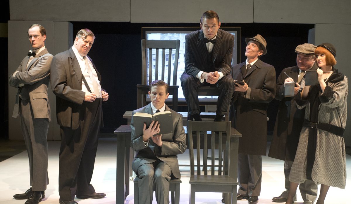 Nich Witham, center left, and Jackson Marchant, center right, portray the killers Leopold and Loeb in the Interplayers’ production of “Never the Sinner.” Other actors are, from left, Todd Kehne, Michael Weaver, Patrick Treadway, Jerry Sciarrio and Molly Ovens. (Jesse Tinsley)