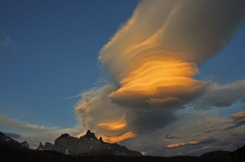 Clouds billow in high winds at sunset over Lake Pehoé in Torres del Paine National Park in the Patagonia region of Chile. (Rich Landers / The Spokesman-Review)