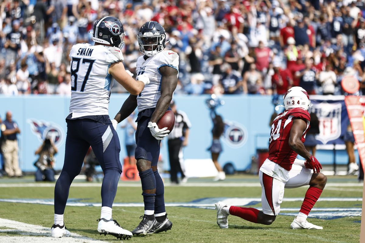 Tennessee Titans wide receiver A.J. Brown, right, is congratulated by tight end Geoff Swaim after Brown scored a touchdown against the Arizona Cardinals in the second half of an NFL football game last Sunday in Nashville, Tenn.  (Wade Payne)