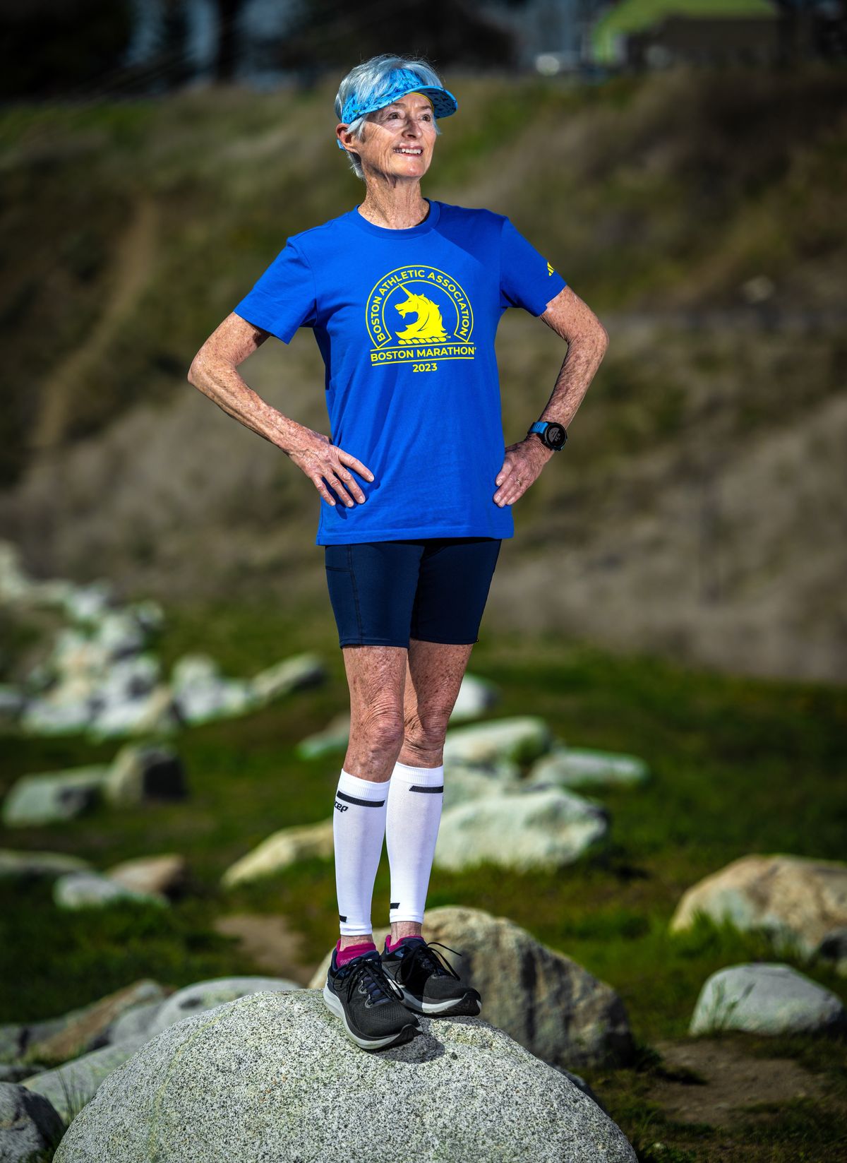 Carrie Franchi, 70, of Cheney recently completed the Boston Marathon, despite an ankle injury that had prevented her from training with usual routine. She and her husband Gary will run Bloomsday for fun.  (COLIN MULVANY/THE SPOKESMAN-REVI)