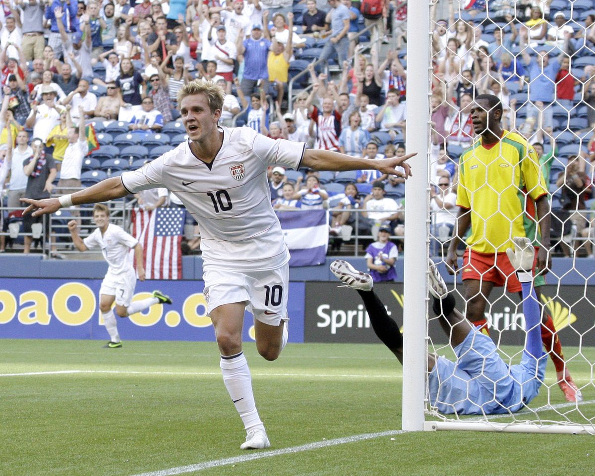 Stuart Holden of the U.S. team celebrates his first-half goal.  (Associated Press / The Spokesman-Review)