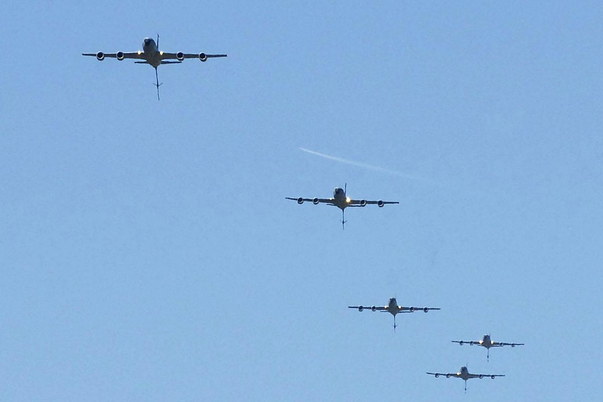 Five of the 141st Air Refueling Wing’s KC-135s flew in formation over Fairchild Air Force base in July 2007. (SR)