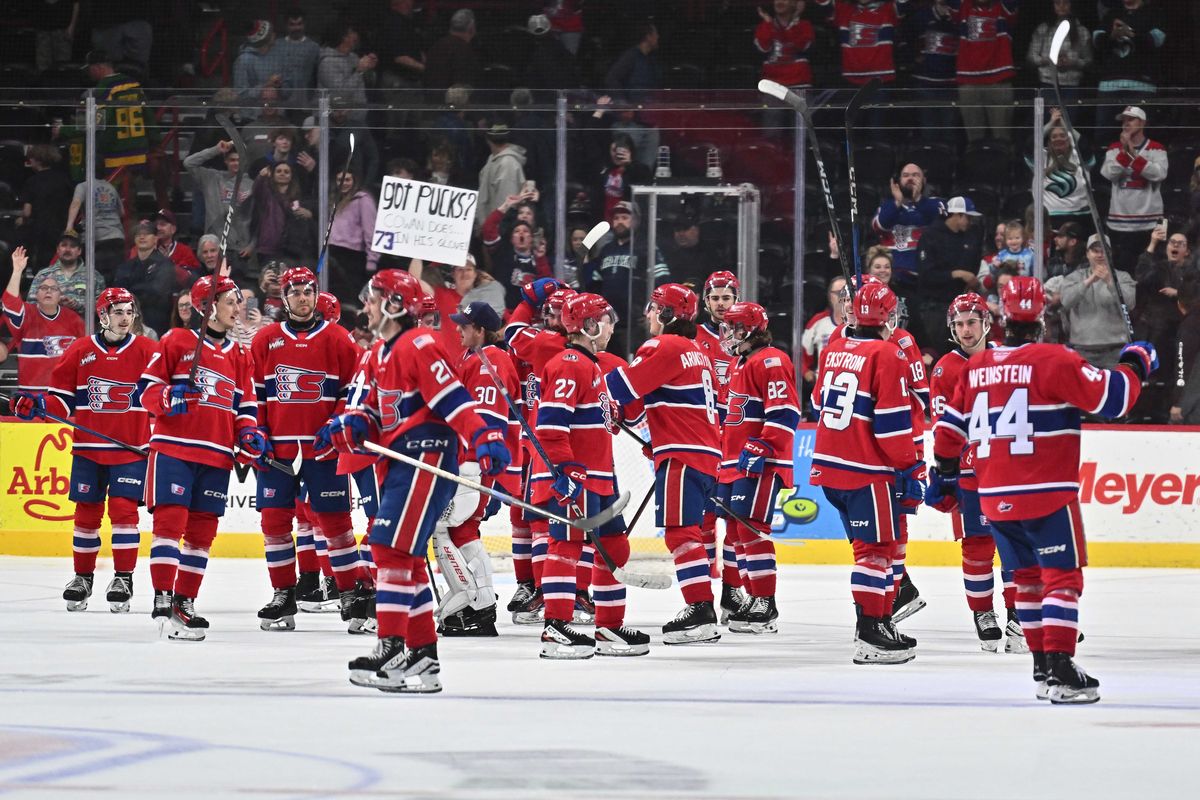 Spokane Chiefs celebrate after the Western Conference semi finals game against the Victoria Royals on Tuesday, April. 22, 2025 at Spokane Arena in Spokane WA.  (James Snook)