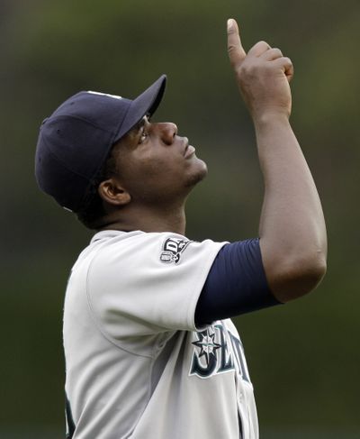 Seattle Mariners starting pitcher Michael Pineda (36) reacts after striking out Detroit Tigers Alex Avila to end the sixth inning on Thursday in Detroit. Pineda struck out nine in the Mariners 7-2 win. (Associated Press)