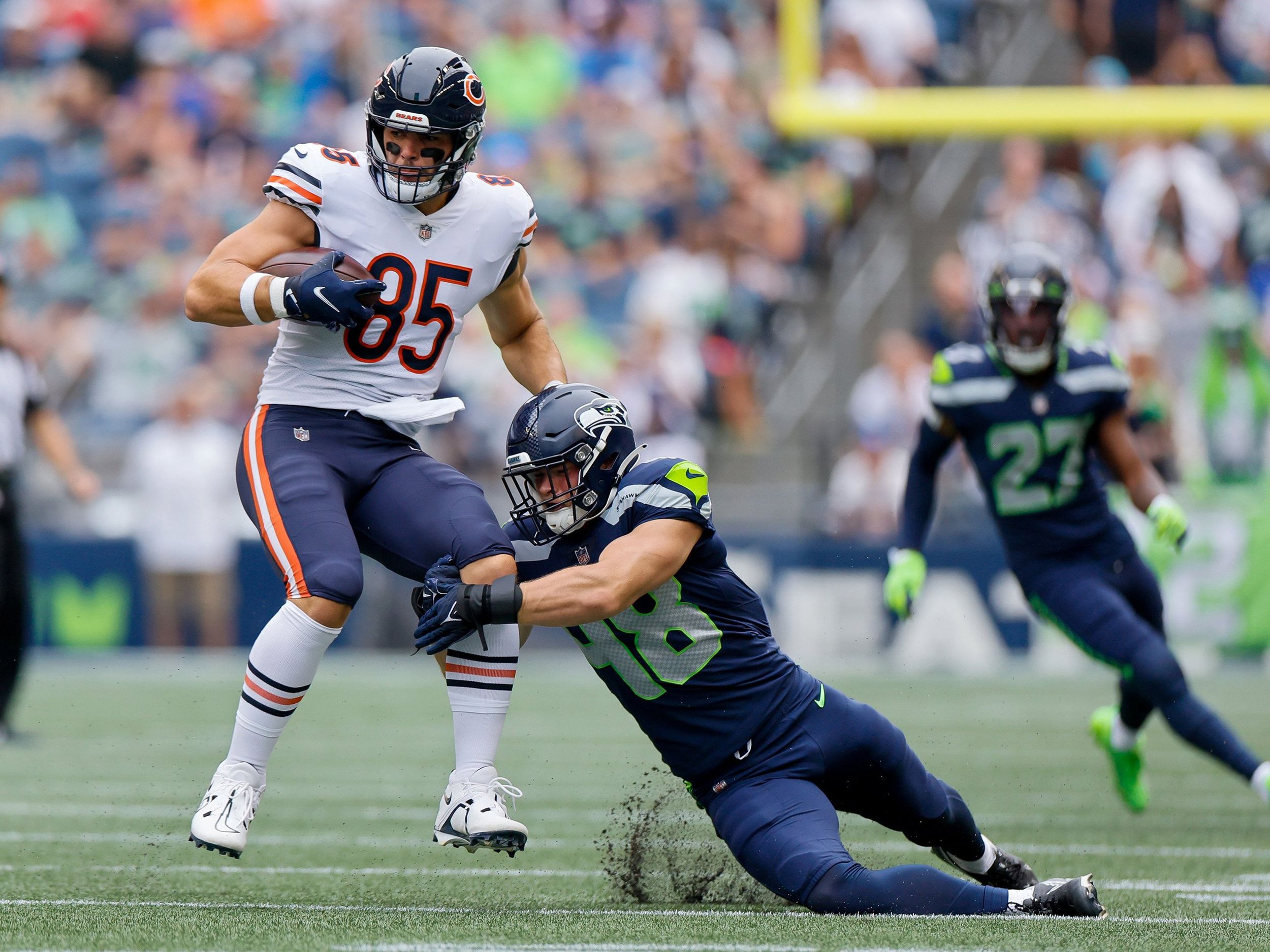 Seattle Seahawks linebacker Joel Dublanko (48) during an NFL Preseason  football game against the Chicago Bears, Thursday, Aug. 18, 2022, in  Seattle, WA. The Bears defeated the Seahawks 27-11. (AP Photo/Ben VanHouten