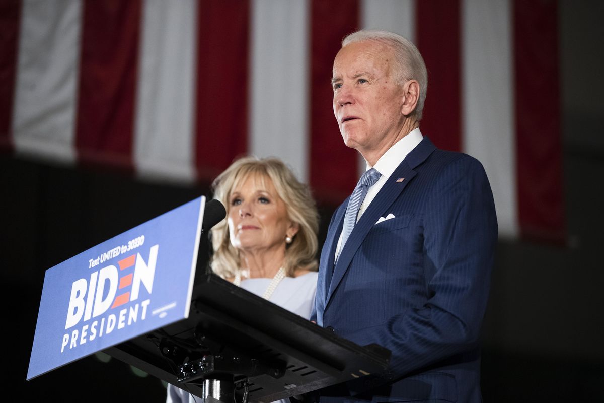 Democratic presidential candidate former Vice President Joe Biden, accompanied by his wife Jill, speaks to members of the press at the National Constitution Center in Philadelphia, Tuesday, March 10, 2020. (Matt Rourke / AP)