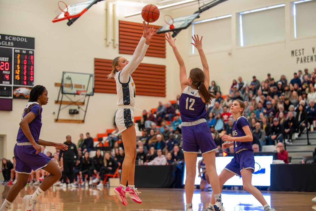 Mead forward Brynn Smith shoots against North Thurston in a State 3A opening-round game Saturday at West Valley High School.  (Lane Mathews/For The Spokesman-Review)