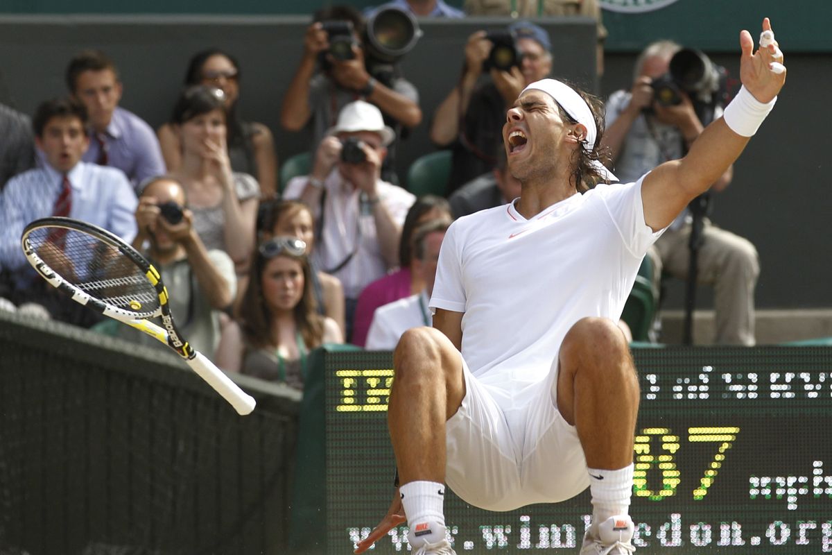 Rafael Nadal celebrates after defeating Tomas Berdych in straight sets in the men’s final of Wimbledon. (Associated Press)