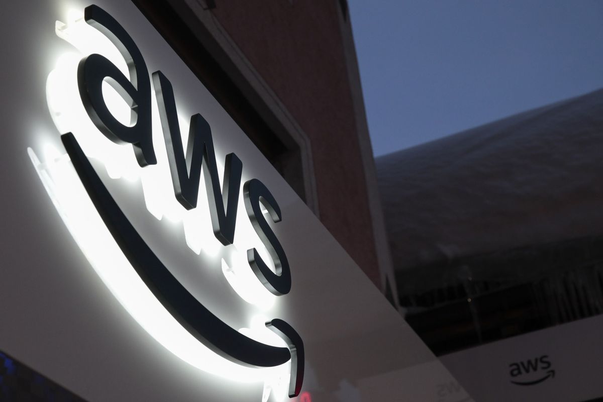 The logo of Amazon Web Services (AWS) is displayed on a sign in Davos, Switzerland, on Jan. 21, 2019.  (Jason Alden/Bloomberg)