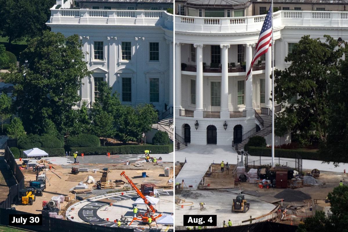 This composite shows work on the White House helipad, with a granite presidential seal being installed July 30, at left, and the seal being removed Tuesday, at right.  