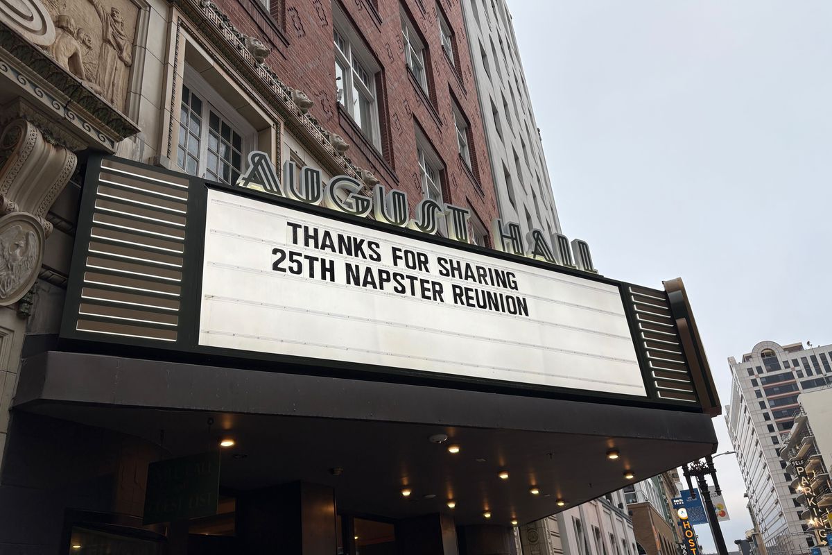 The Napster slogan “Thanks for sharing” at a 25th anniversary company reunion in San Francisco on Saturday. MUST CREDIT: Joseph Menn/The Washington Post (Joseph Menn/The Washington Post)