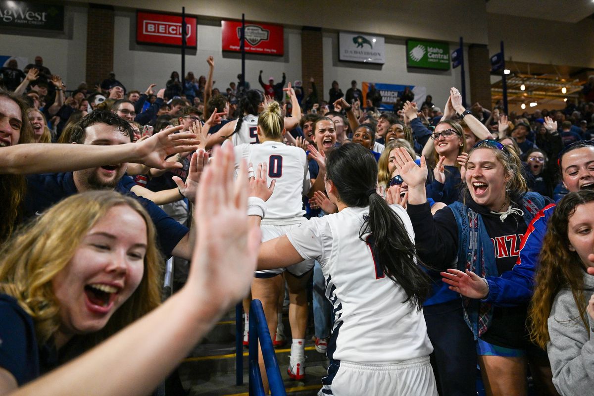 The Zags head through the student section after defeating Utah 77-66 to advance to the Sweet Sixteen during a NCAA Division 1 second round college basketball tournament game, Monday, March 25, 2024, in the McCarthey Athletic Center.  (COLIN MULVANY/THE SPOKESMAN-REVIEW)