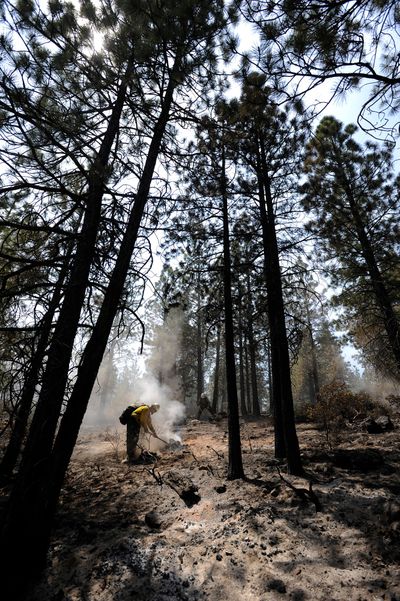 A firefighter works to extinguish hotspots to secure the fire line on the east flank of the Two Bulls fire in 2014 outside Bend, Ore.  (Ryan Brennecke/(Bend, Ore.) Bulletin)