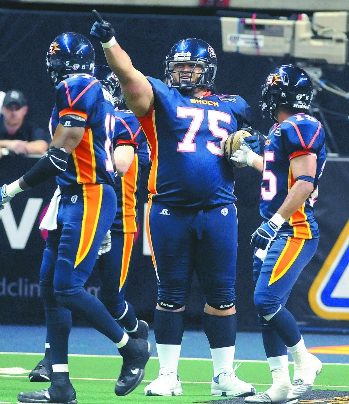 Ed Ta’amu celebrates his touchdown during the first half of Friday’s Shock game at the Arena. (Christopher Anderson)