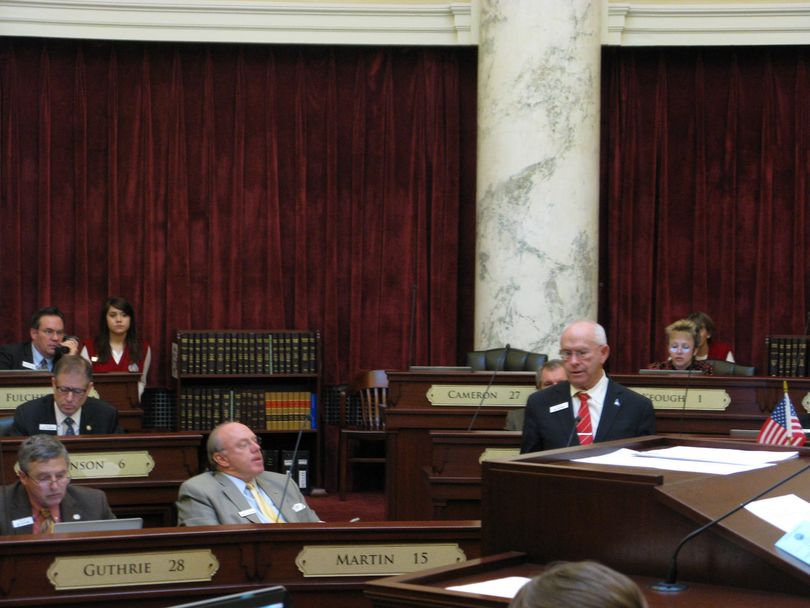 Sen. Jim Patrick, R-Twin Falls, opens debate Friday in favor of SB 1337, to make it a crime to take or distribute surreptitious video or pictures of an ag operation. (Betsy Russell)