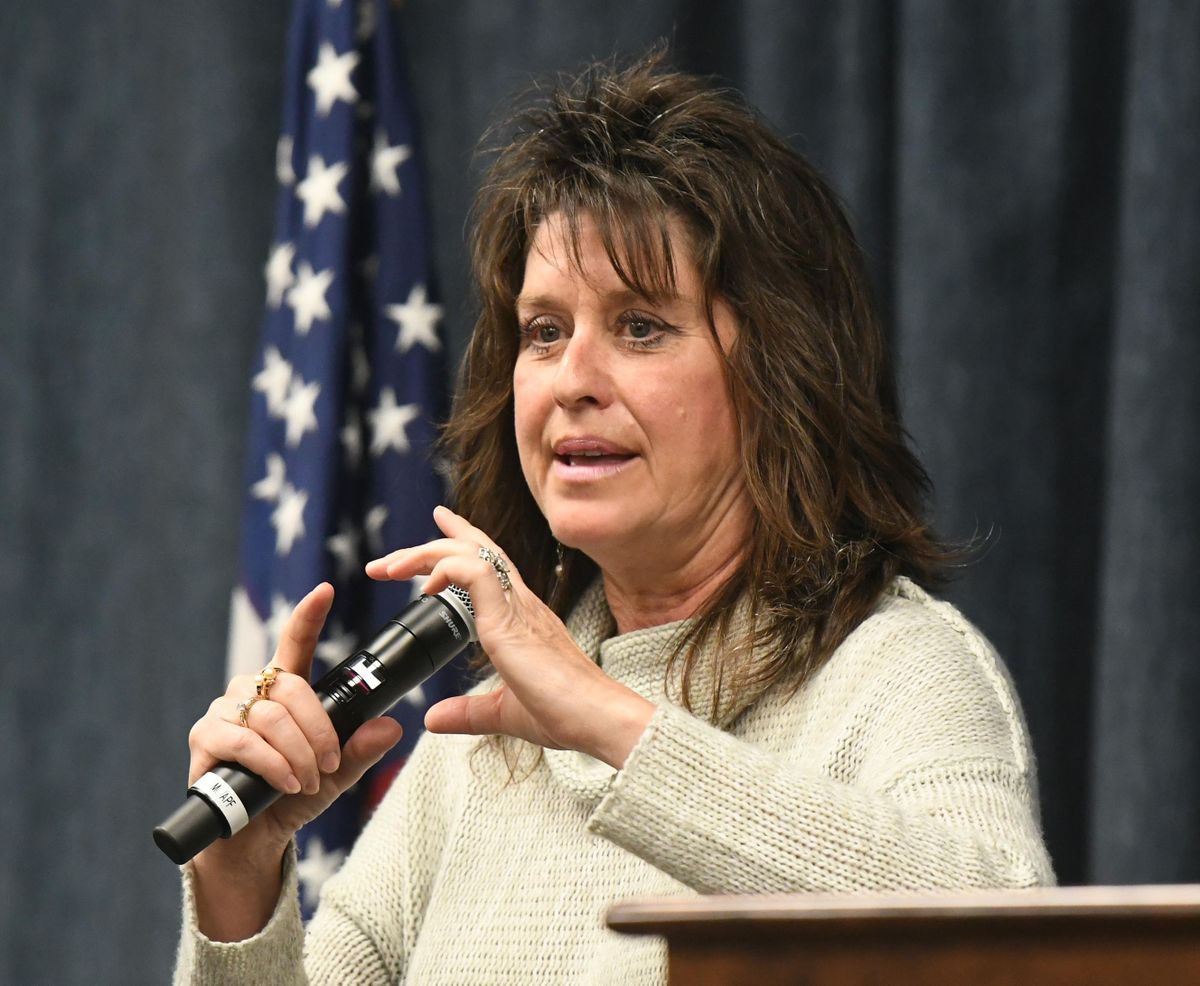 Longtime TV and radio weather and newscaster Shelly Monahan-Cain talks frankly about  rape  Thursday while addressing a group of Air Force personnel at Fairchild Air Force Base. (Jesse Tinsley / The Spokesman-Review)