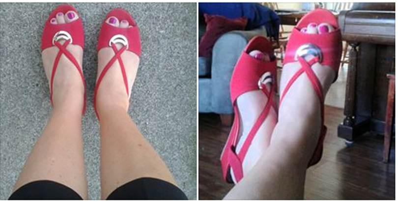 Cindy models her new red dancing shoes for her Facebook followers.