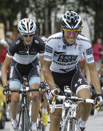 Alberto Contador, right, trails Andy Schleck, left, by a wide margin entering today’s penultimate stage. (Associated Press)
