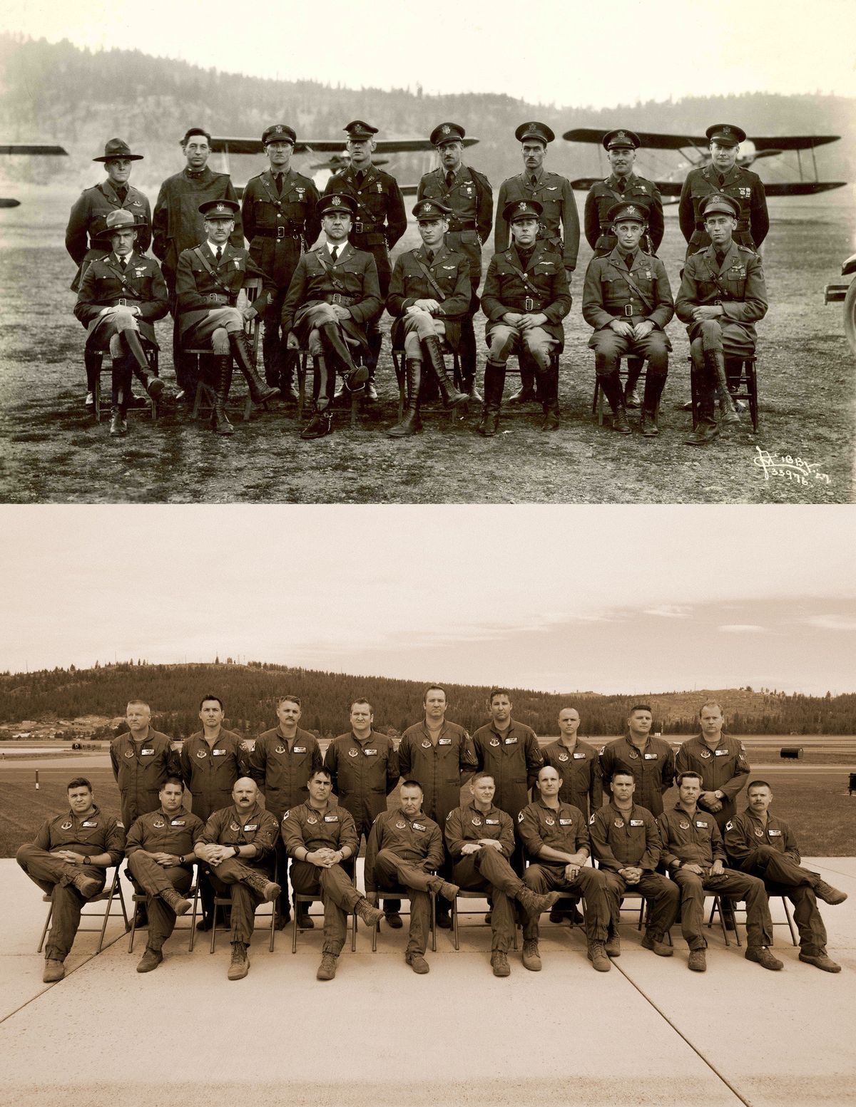 These photos were taken 100 years apart. The top photo shows the original 17 officers of the 116th Observation Squadron. All available officers of the 116th Air Refueling Squadron are shown in the bottom photo. Both photos were taken at Felts Field.  (Courtesy of the Washington Air National Guard )
