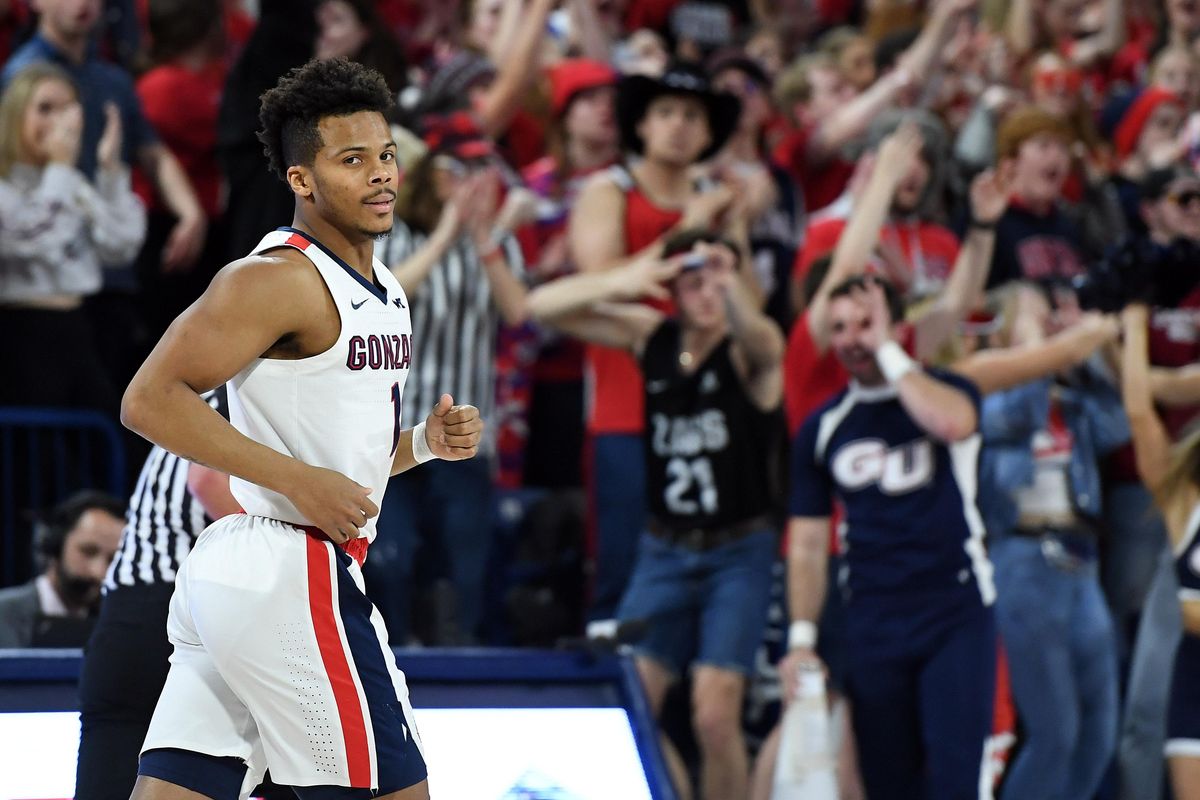 Gonzaga guard Admon Gilder (1) heads downcourt after hitting a 3-pointer during the first half of a college basketball game, Thurs., Jan. 16, 2020, at the McCarthey Athletic Center. (Colin Mulvany / The Spokesman-Review)