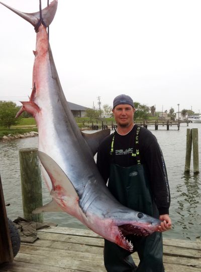 Jason Kresse poses with a 375-pound, 8-foot long mako shark at a dock in Freeport, Texas.