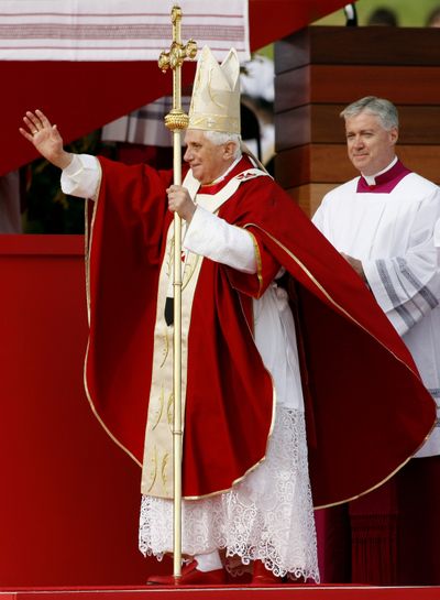 Pope Benedict XVI waves as he arrives today for the final Mass of World Youth Day, at Royal Randwick Racecourse.  (Associated Press / The Spokesman-Review)