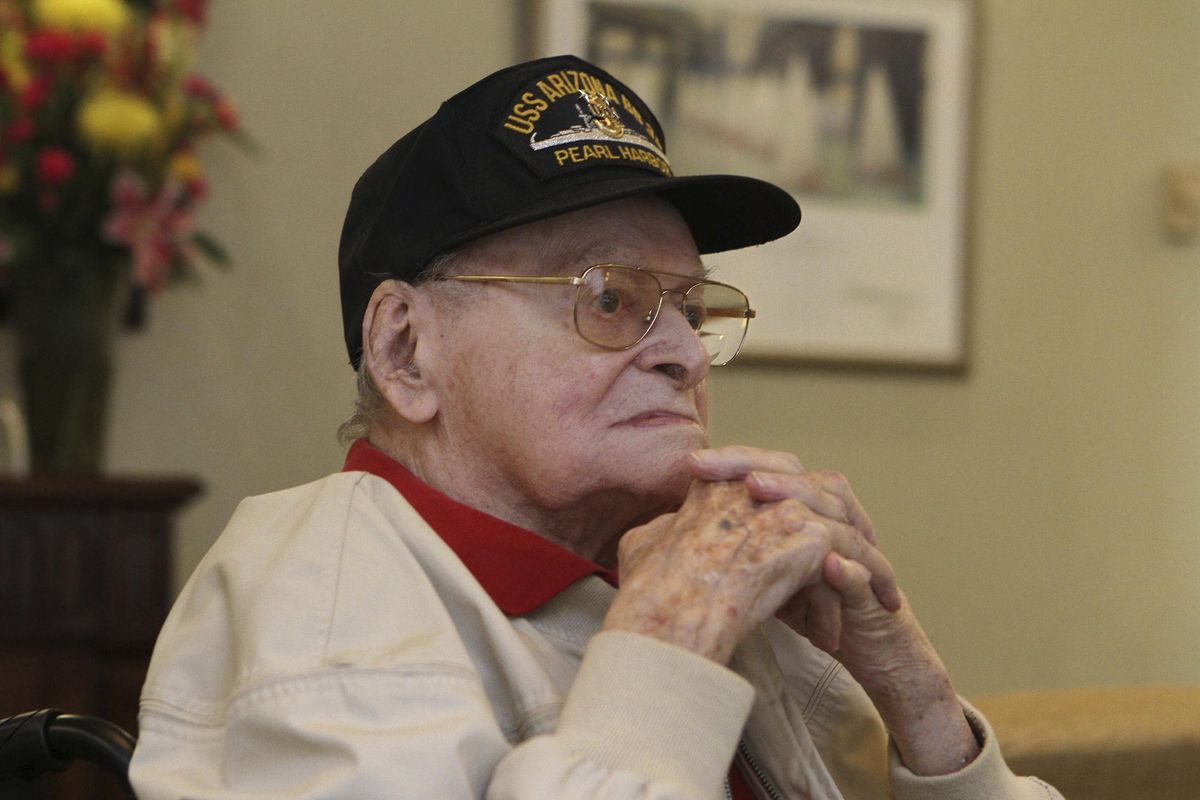 Raymond Haerry is photographed last April at West View Nursing & Rehabilitation in West Warwick, R.I. He was one  of the last living crew members on the USS Arizona during the Japanese attack on Pearl Harbor. He died in Rhode Island on Sept. 27 at the age of 94. (Steve Szydlowski / AP)