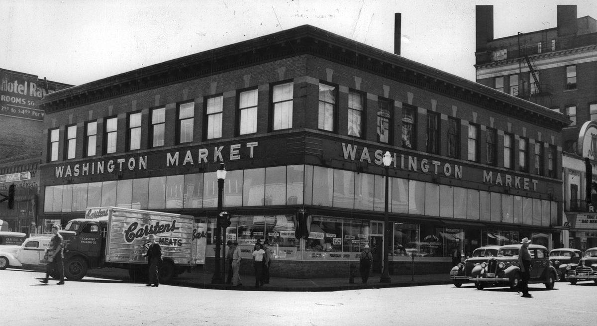 1948: The Washington Market at W. 341 Main Street was an old-fashioned market with independent vendors from 1914 to the late 1960s. The Orsi family, which owned the building, then turned it into a supermarket and specialty food store in 1970. The building burned down in 1978. (SPOKESMAN-REVIEW PHOTO ARCHIVE / SPOKESMAN-REVIEW PHOTO ARCHIVE)