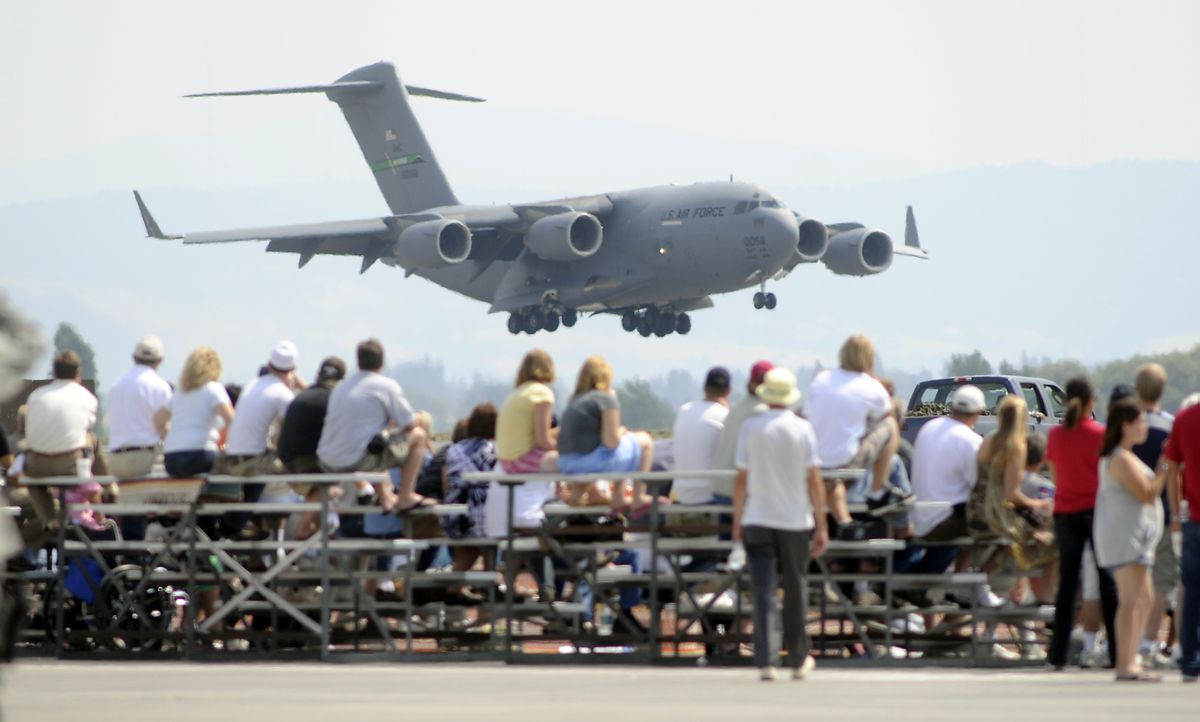 A massive C-17 Globemaster shows off its cargo lifting capabilities for the Fairchild Air Force Base crowd on Saturday at Skyfest.  (Photos by Jesse Tinsley / The Spokesman-Review)