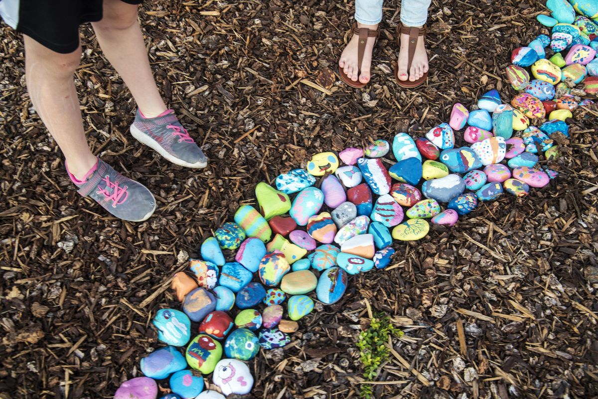 Chester Elementary School students view a river of painted rocks near the school’s main entrance during the dedication ceremony, Aug. 29, 2017, in Spokane Valley, Wash. Chester students adorned the rocks last spring with personal touches. (Dan Pelle / The Spokesman-Review)