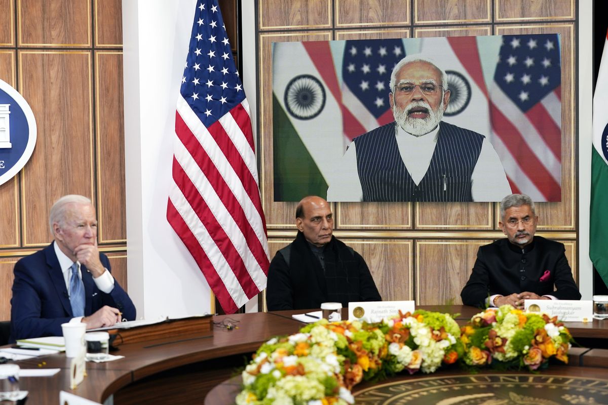 President Joe Biden meets virtually with Indian Prime Minister Narendra Modi in the South Court Auditorium on the White House campus in Washington, Monday, April 11, 2022. Indian Minister of Defense Rajnath Singh is center, Minister of External Affairs Subrahmanyam Jaishankar is right.  (Carolyn Kaster)