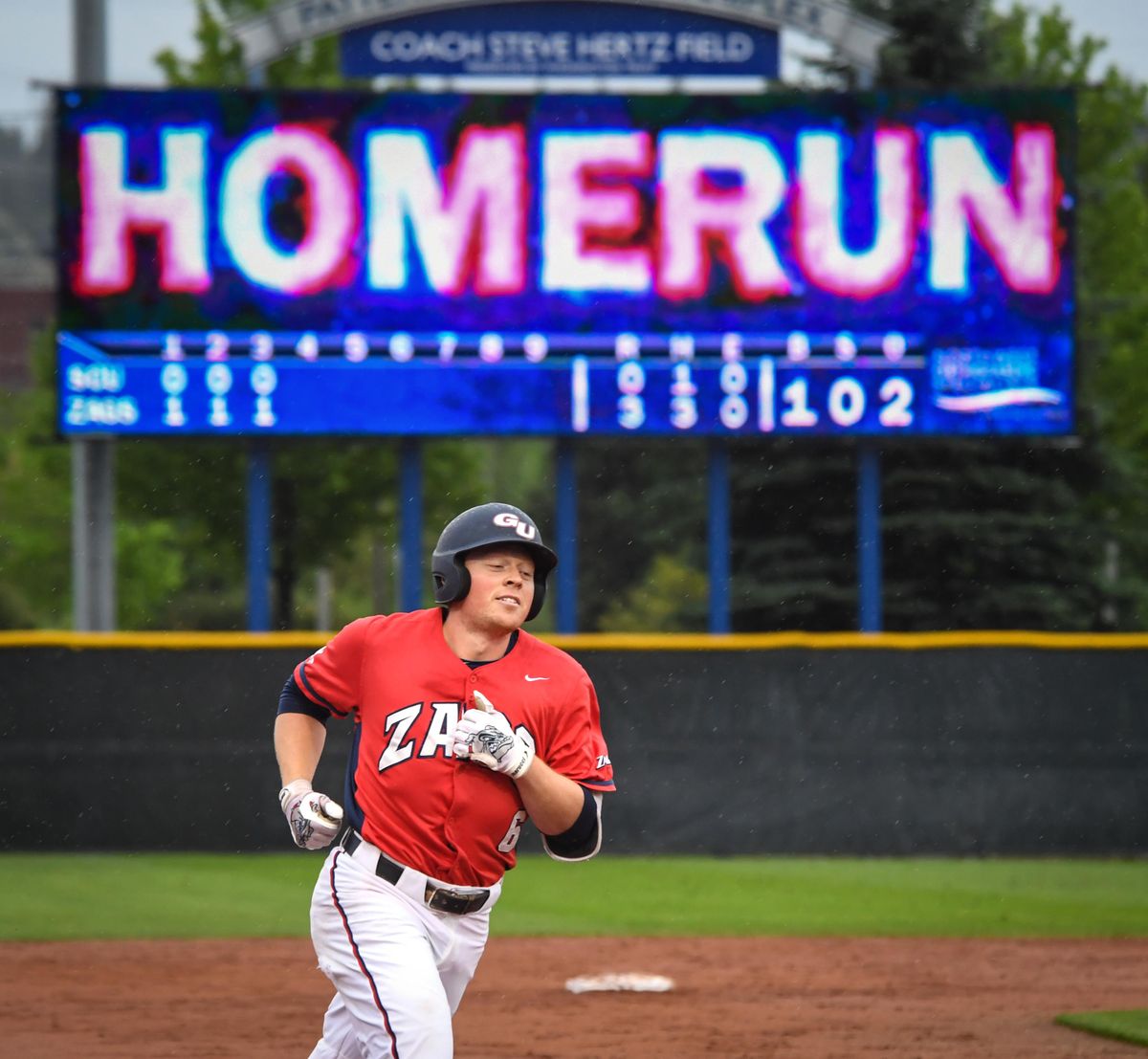 Gonzaga shortstop Gunnar Schubert trots around the bases after hitting a home run in the third inning against Santa Clara on May 18, 2018, at Patterson Baseball Complex. (Dan Pelle / The Spokesman-Review)