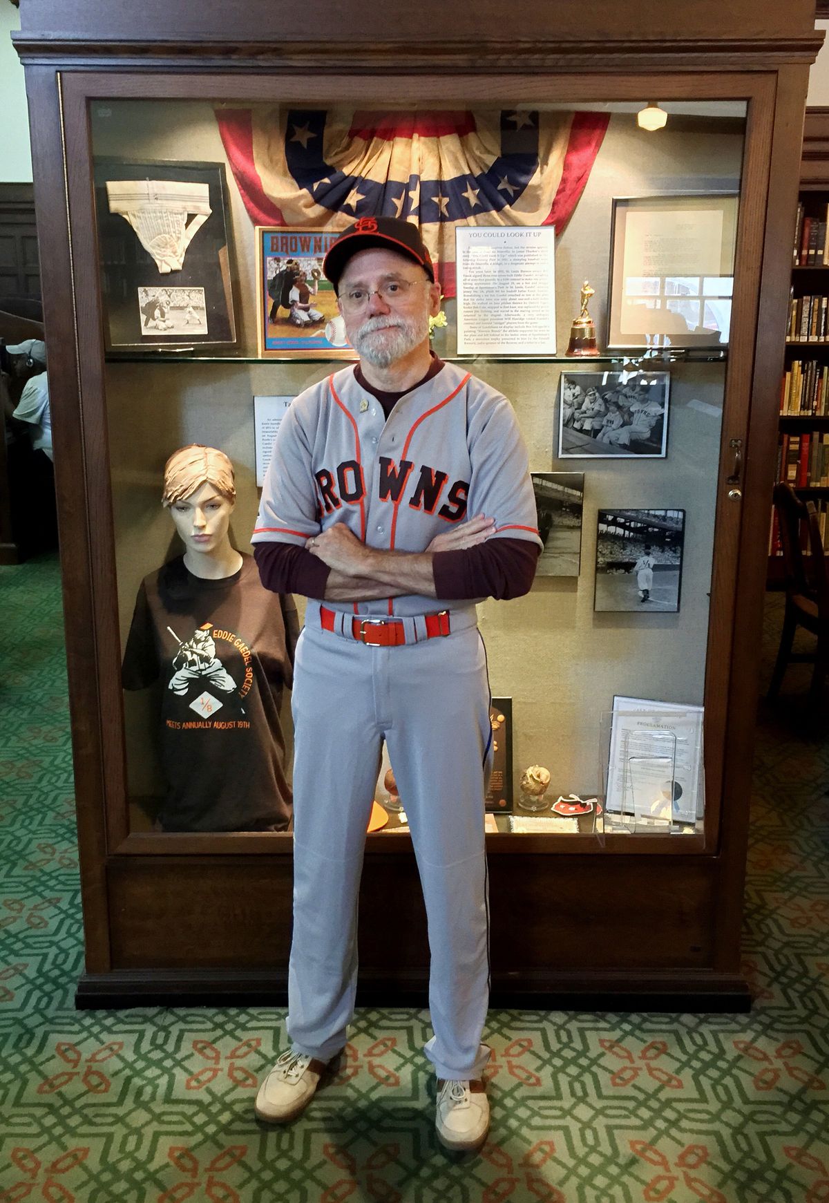 Tom Keefe is dressed in a replica Eddie Gaedel uniform for the St. Louis Browns.