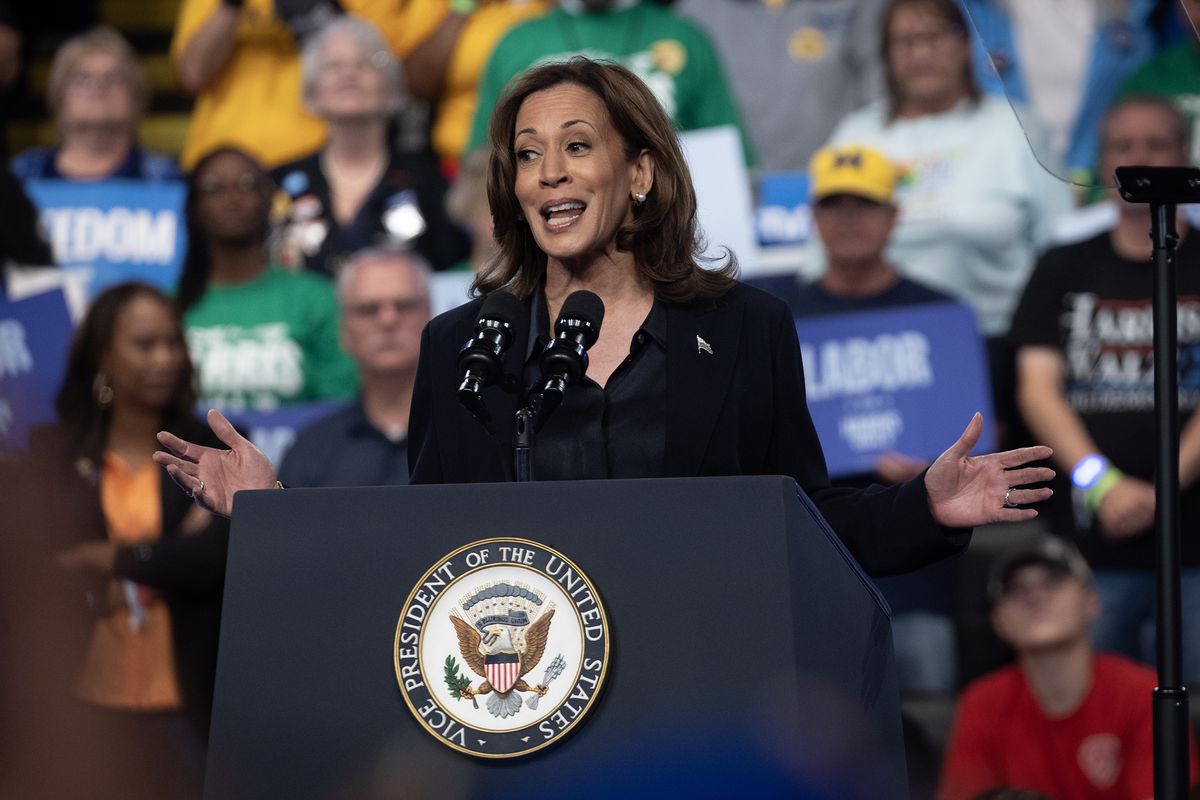 Above: Democratic presidential nominee and Vice President Kamala Harris speaks during a rally at the Dort Financial Center on Friday in Flint, Mich. Left: Republican presidential nominee and former President Donald Trump concludes a rally at Saginaw Valley State University on Thursday in Saginaw, Mich.  (Scott Olson)