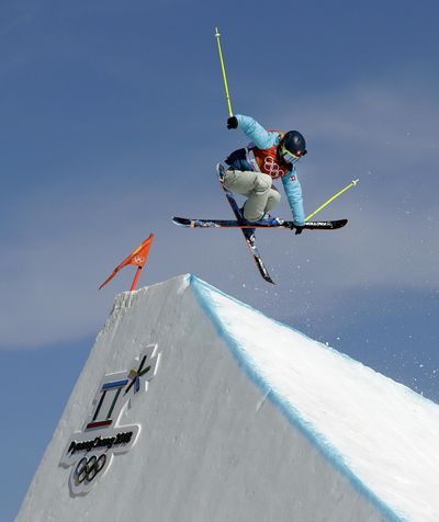 Sarah Hoefflin, of Switzerland, jumps during the women’s slopestyle finals at Phoenix Snow Park at the 2018 Winter Olympics in Pyeongchang, South Korea, Saturday, Feb. 17, 2018. (Kin Cheung / Associated Press)