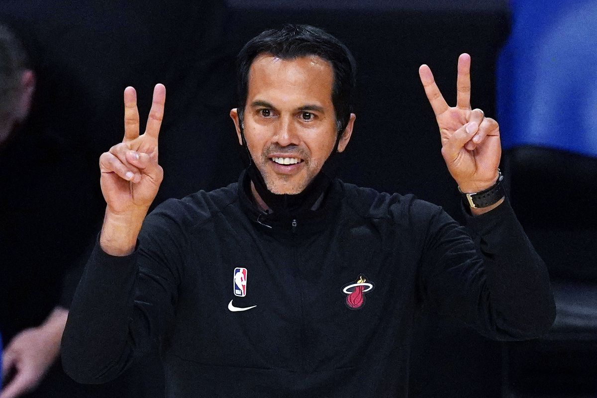 Miami Heat coach Erik Spoelstra gestures to the team during the first half of an NBA basketball game against the Los Angeles Lakers on Saturday, Feb. 20, 2021, in Los Angeles.  (Associated Press)