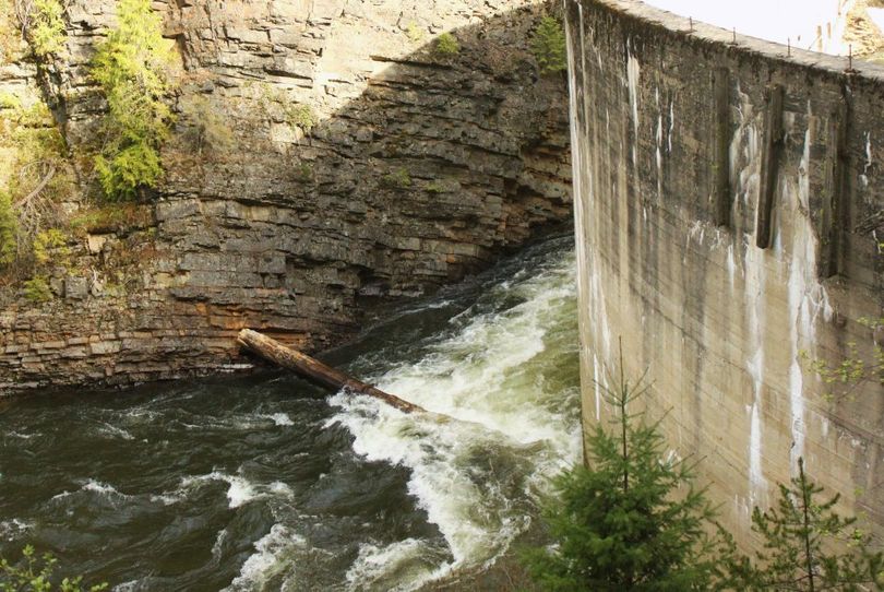 North Idaho river rafters have been watching a log that's jammed into a chute at Eilene Dam on the Moyie River northeast of Bonners Ferry, Idaho. In May 2012 it posed an unavoidable hazard for rafters trying to complete the river float. (Courtesy photo)