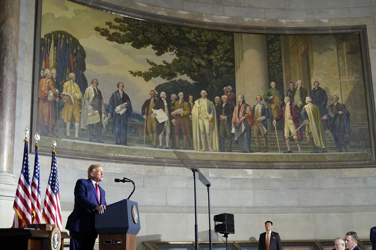 President Donald Trump speaks to the White House conference on American History at the National Archives museum, Thursday, Sept. 17, 2020, in Washington.  (Alex Brandon)
